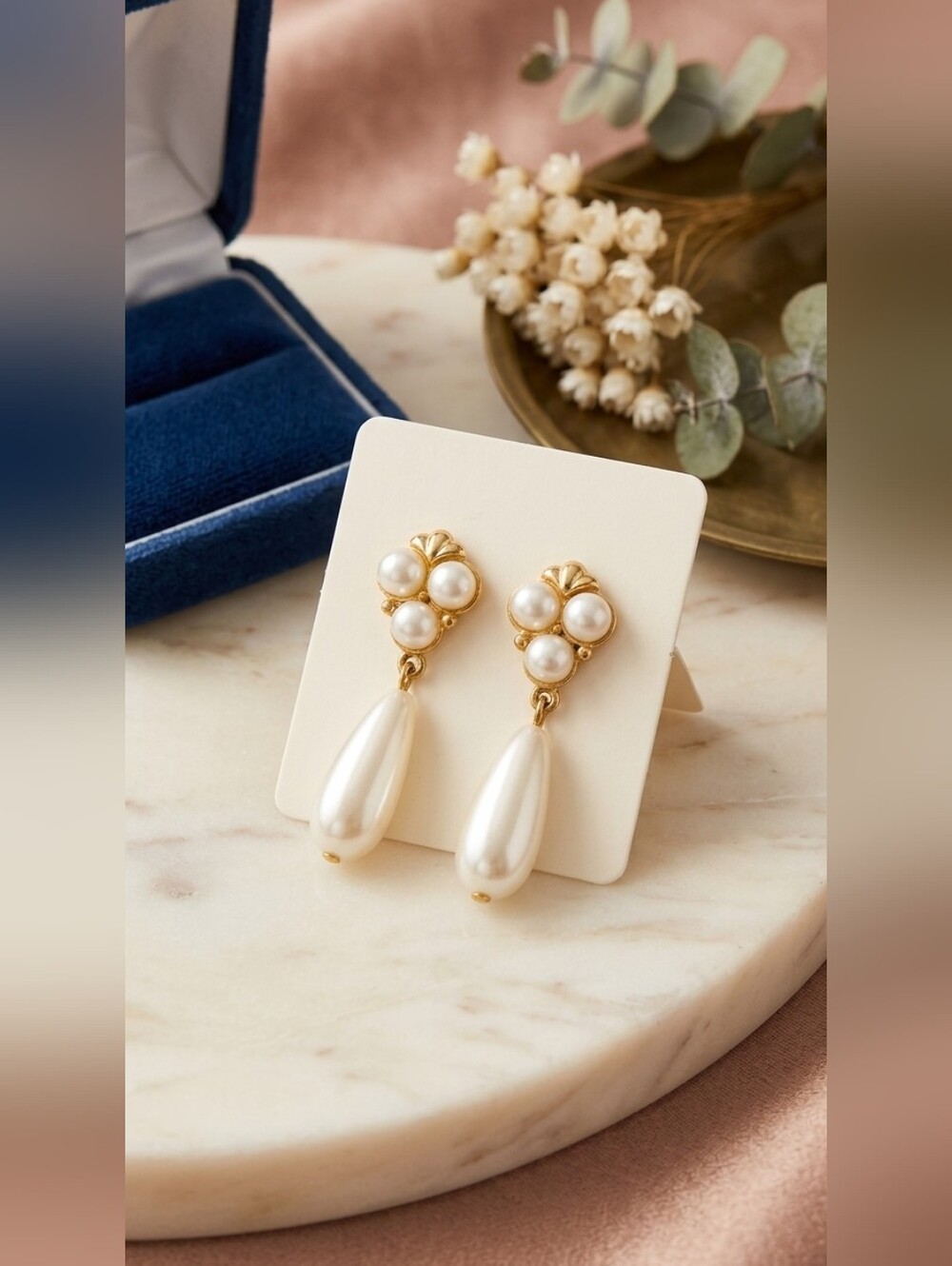 Monet Gold Tone Vintage Pearl Drop Steel  Post Earrings